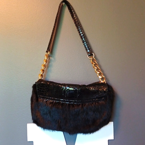 MICHAEL KORS FULTON BLACK RABBIT FUR+PYTHON LEATHER+ CLUTCH,SHOULDER BAG - Picture 2 of 7